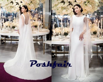 Simple Off-white Wedding Dress LEYLA in Sheath Style / Bridal Gown with Cathedral Silk Train & Low Open Back