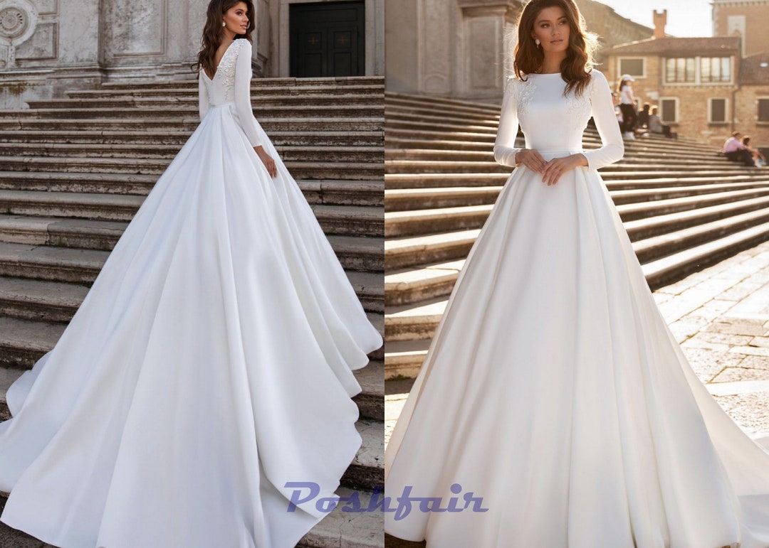 Aline Satin Classic Long Sleeve Wedding Dress SORDAMOR With Train Boat Neck Modest Custom Bridal Gown With Drop V or Closed Back Etsy Canada