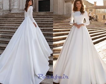 Aline Satin Classic Long Sleeve Wedding Dress SORDAMOR with Train, Boat Neck / Modest Custom Bridal Gown with Drop V or Closed Back
