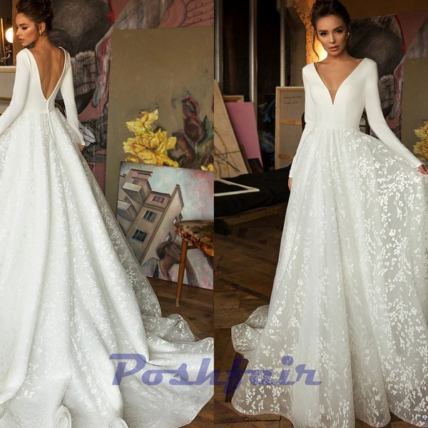 Boho Aline Satin & Lace Long Sleeve Wedding Dress BONNY / Wedding Gown with V Neckline and Low V Back / Custom Made to Order Bridal Gown