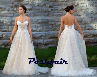 SAMPLE SALE - Theresa - Size 4 - Sparkling Lace Aline Wedding Dress/Boho Strapless Wedding Dress with Bling and Tulle