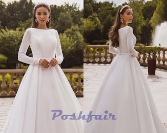 Off-white Aline Satin Long Sleeves Wedding Dress EVA with Cathedral Train / Made to Order Bridal Gown with Corset, Boat Neck & Closed Back