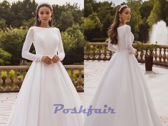 Satin Long Sleeves Wedding Dress, Elegant Dress, Romantic Wedding