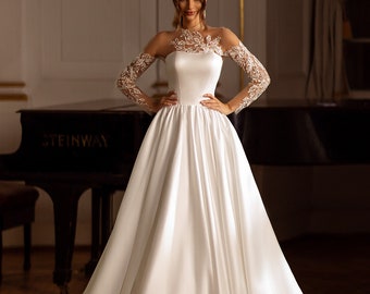 Stylish Aline Satin Lace Wedding Dress Sweetheart Ball Gown CARTER Long Lace Sleeves Removable Bow