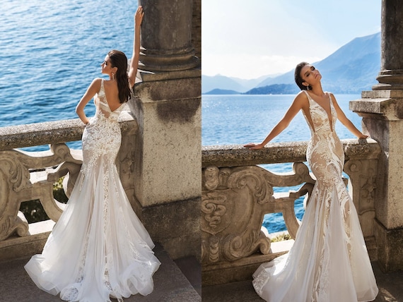 champagne fit and flare wedding dress