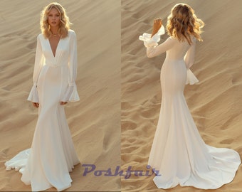 Jennifer - Fit and Flare V neck Bohemian Wedding Dress Beach Chiffon Wedding Dress with Long Sleeves