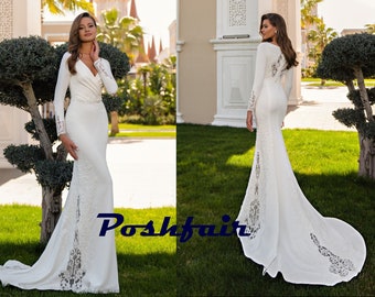 Mermaid Satin & 3D Lace Long Sleeves Boho Wedding Dress CATALINA with Back V Neckline and Lace Chapel Train / Sexy Bohemian Bridal Gown