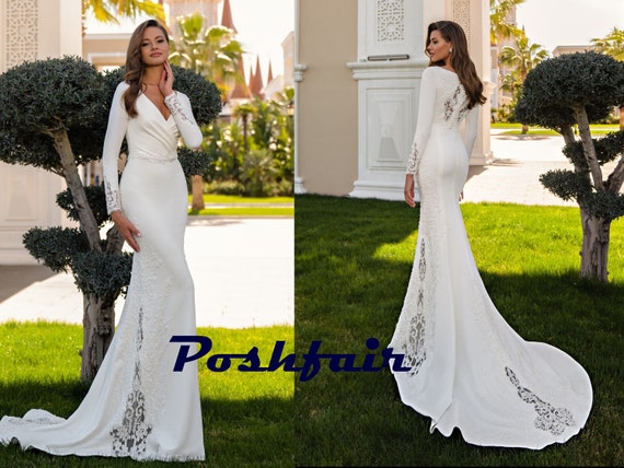 Mermaid Satin & 3D Lace Long Sleeves Boho Wedding Dress CATALINA With Back  V Neckline and Lace Chapel Train / Sexy Bohemian Bridal Gown 