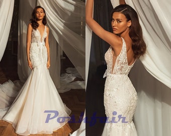 Off-white Mermaid Sparking Tulle and Lace Wedding Dress KINSLEY / Boho Fit & Flare Bridal Gown with Plunge V Neck and Low Back