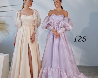 Elegant Organza Aline Prom, Party or Evening Dress /  Long Graduation Dress with Removable Sleeves, Pockets, Long Slit and Train