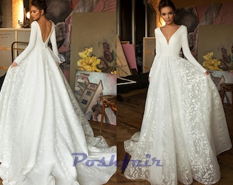 Boho Aline Satin & Lace Long Sleeve Wedding Dress BONNY / Wedding Gown with V Neckline and Low V Back / Custom Made to Order Bridal Gown