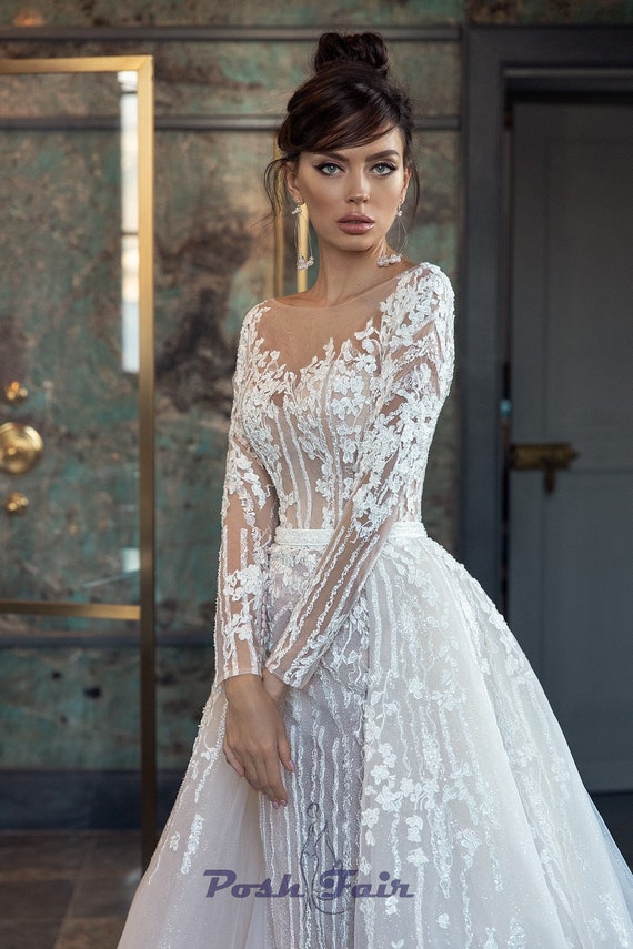 Long Sleeve Off-White Wedding Dress Marissa Bridal Dress Lace Removable Skirt