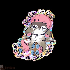 May include: A cartoon bunny wearing a pink helmet and roller skates with the text "Skate or Die and I'm all done skating" in a rainbow holographic design.