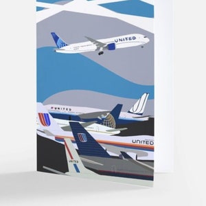 May include: Greeting card featuring a stylized illustration of several United Airlines airplanes in flight. The planes are white with blue and red accents, set against a blue and gray sky. The word "UNITED" is visible on the planes.