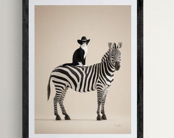 Tuxedo Cat on Zebra, Whimsical and Fun, Unframed, Multiple Size Options