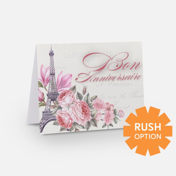 Beautiful French birthday card (bon anniversaire) with roses and Eiffel Tower, can be sent on your behalf