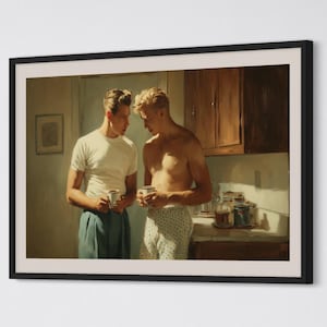 Samsung Frame TV artwork - Two Men in Kitchen, Morning Coffee - Gay Interest