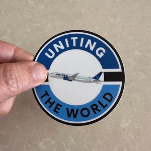 United Airlines themed “Uniting the World” weatherproof 3” round decal … made in USA