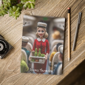 May include: A notebook featuring a doll dressed in a red outfit with a white collar and hat, carrying a tray with bottles and containers. The notebook has the text "Joana Thomson" on the front. A pencil and pen are on a wooden surface.