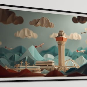 May include: A framed artwork depicting a papercraft airport scene. The artwork features a control tower, airplanes, mountains, and clouds, all crafted from paper. The color palette includes shades of beige, orange, blue, and brown, creating a whimsical and artistic representation of an airport.