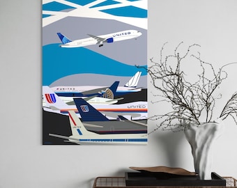 Lámina artística sobre la historia de United Airlines: Póster de aviación moderna de mediados de siglo (24 x 36 y 16 x 24)