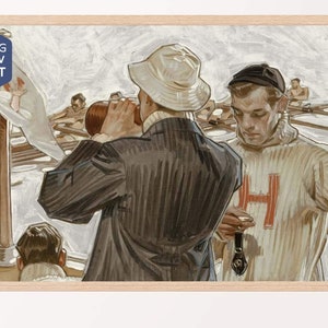 以下が含まれることがあります： ボート競技チームを描いたヴィンテージ絵画の額入りプリント。アートワークは、ボートに乗った男性たちと、メガホンを持っているスーツ姿の男性が特徴です。プリントは明るい木製のフレームに入っています。「SAMSUNG FRAME TV FORMAT」の文字が左上にあります。