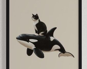 Tuxedo Cat Riding Orca Whale Art Print: Whimsical Black and White