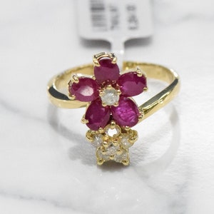 14K Yellow Gold Natural Oval Ruby and Diamond Double Flower Ring