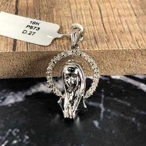 18K White Gold Saint Virgin Mary Diamond Halo Pendant