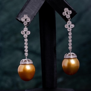 18K SOLID White Gold NATURAL Golden South Sea Pearl & Diamond Drop Earrings 1.25 CTTW