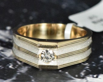 Men's 14K White & Yellow Gold Diamond Solitaire Geometric Art Deco Band Ring with Straight Triple YG Outlined Shank and Sanded WG
