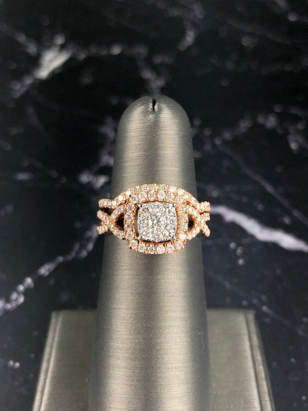 14K Rose Gold Art Deco Diamond Cluster Engagement Ring AND Band - Etsy