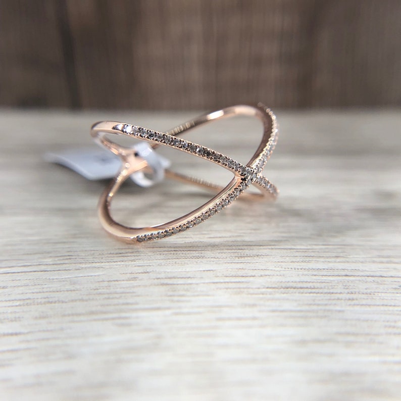14k Diamond X Infinity Ring Band Rose Gold Yellow Gold Stackable Free Form