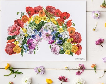 whimsical rainbow pink rainbow flowers watercolour print nursery decor floral print Rainbow wall art girls prints floral rainbow