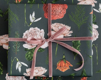 Christmas Wrapping Paper - Luxury Eco Gift Wrap - Berry Roses - Navy