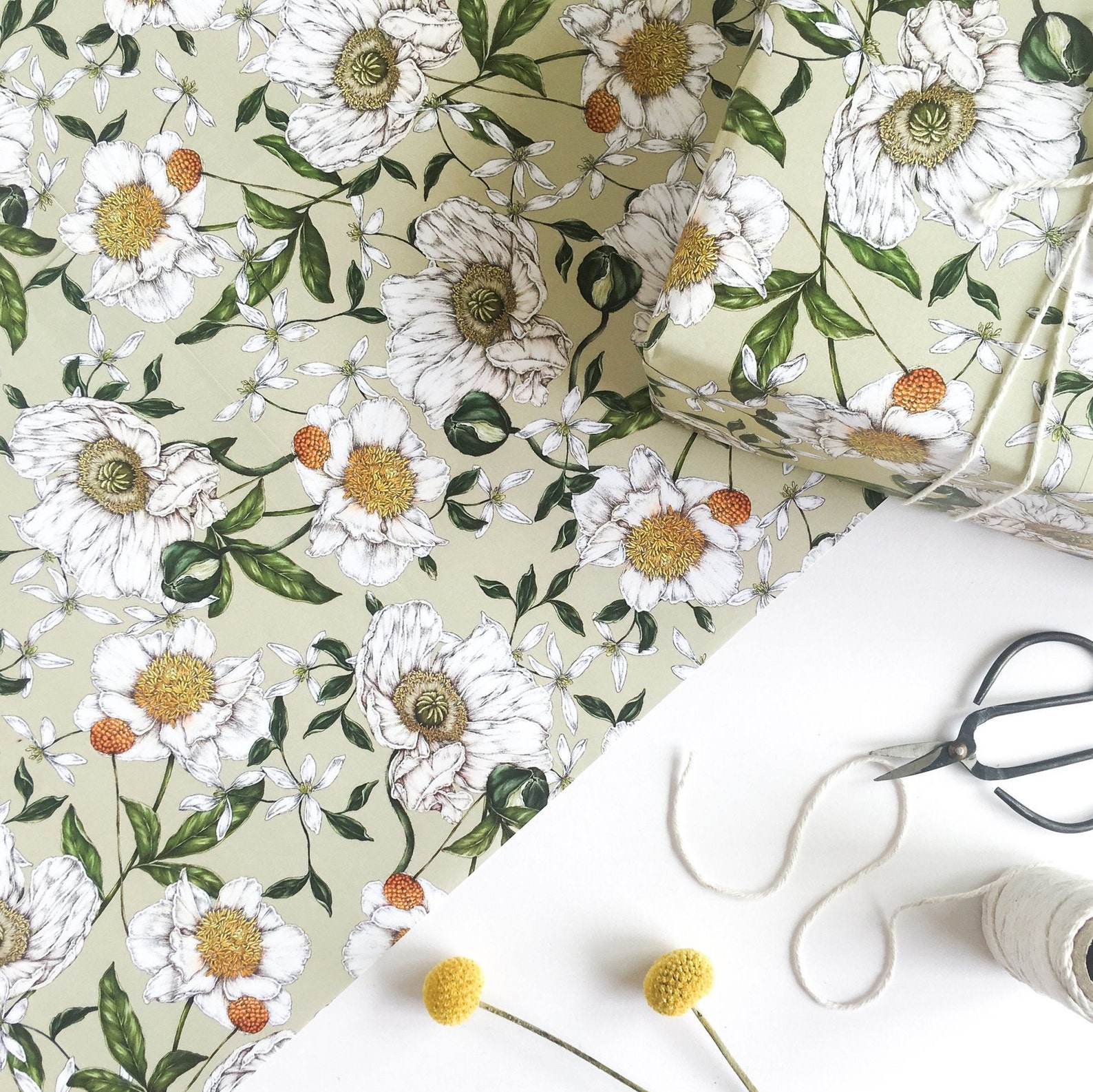 Botanical Wrapping Paper - Recycled Gift Wrap - Spring Blossom - Green ...