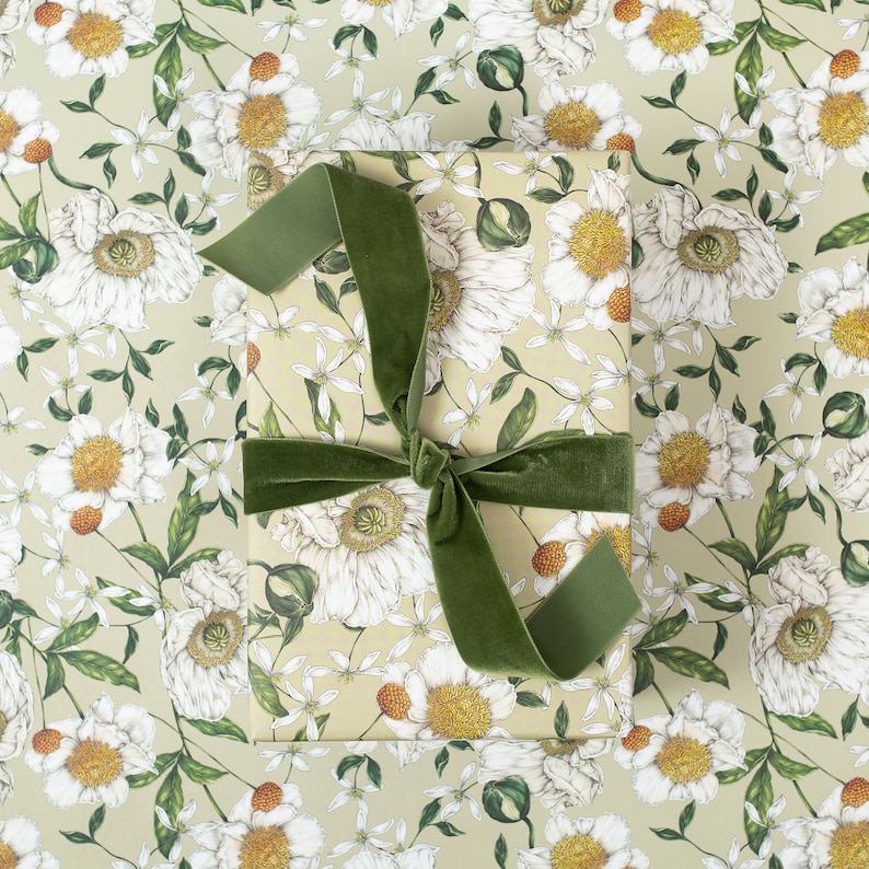 Botanical Wrapping Paper - Recycled Gift Wrap - Spring Blossom - Green image 1