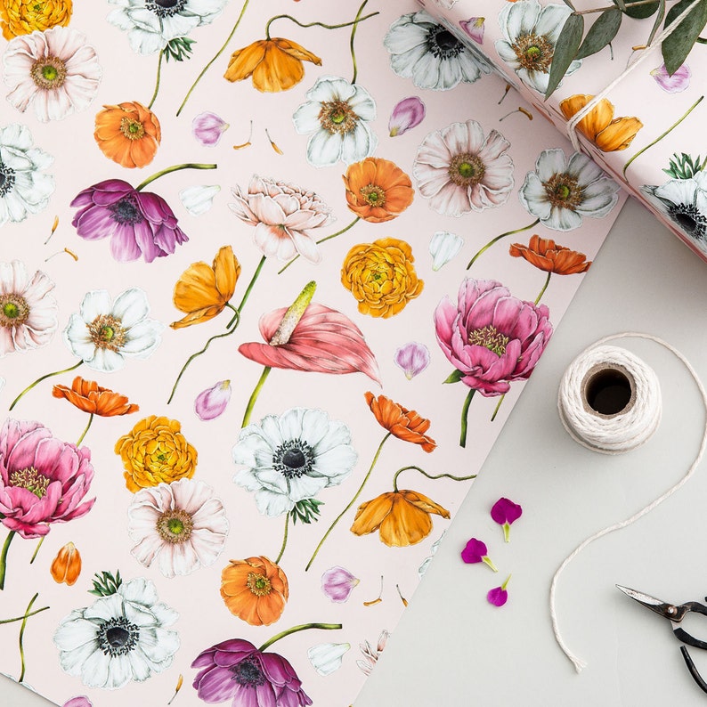 Botanical Wrapping Paper - Recycled Gift Wrap - Floral Brights - Pink image 3