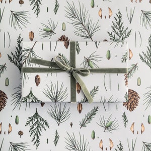 Christmas Botanical Wrapping Paper - Luxury Eco Gift Wrap - Grey Pine