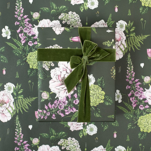 Botanical Wrapping Paper - Recycled Gift Wrap - Summer Garden - Dark Green