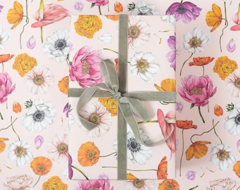 Botanical Wrapping Paper - Recycled Gift Wrap - Floral Brights - Pink