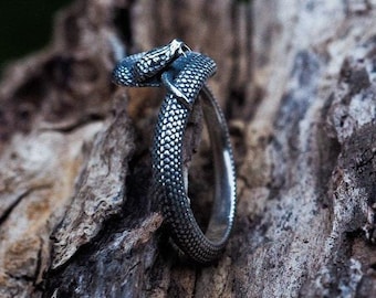 Peut inclure: Une bague en argent en forme de serpent avec un design détaillé. Le serpent est enroulé autour de la bande de la bague, la tête tournée vers l'avant. La bague est posée sur une surface en bois rugueuse.