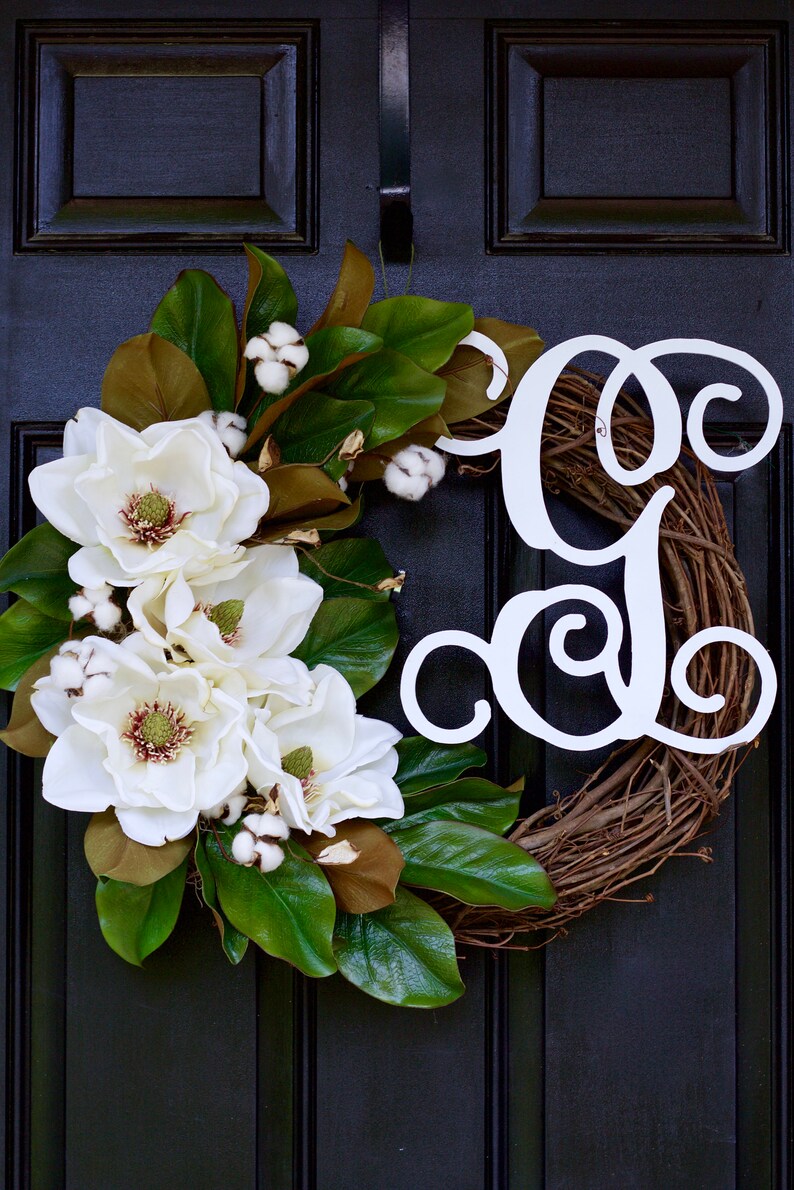 Artificial Magnolia Monogram Wreath Cotton Boll Wreath Vine Etsy