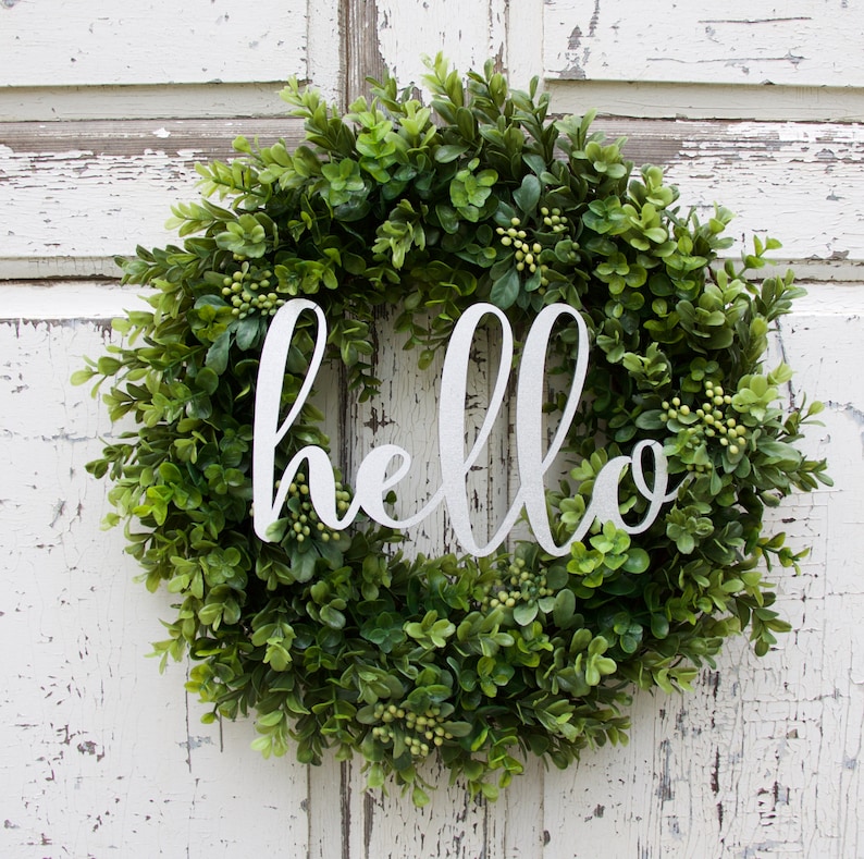 Artificial Boxwood Wreath Hello Wreath Year Round Wreath Front Door Wreath Summer Wreath Everyday Wreath Popular Wreath Fixer Upper