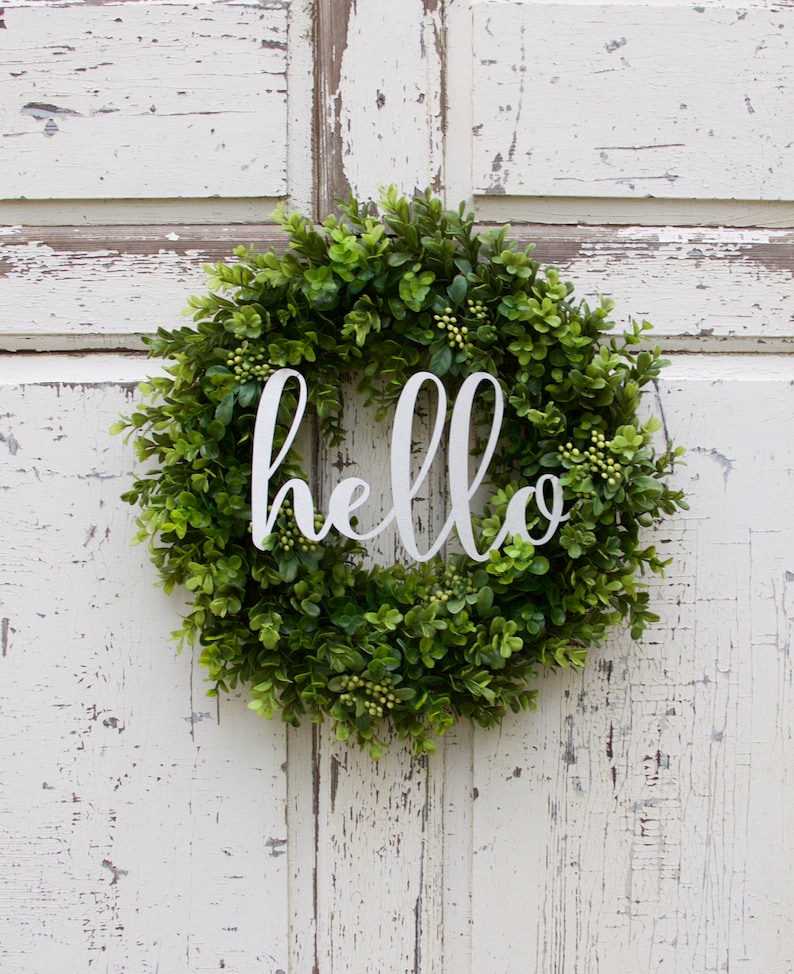 Artificial Boxwood Wreath Hello Wreath Year Round Wreath Front Door Wreath Summer Wreath Everyday Wreath Popular Wreath Fixer Upper