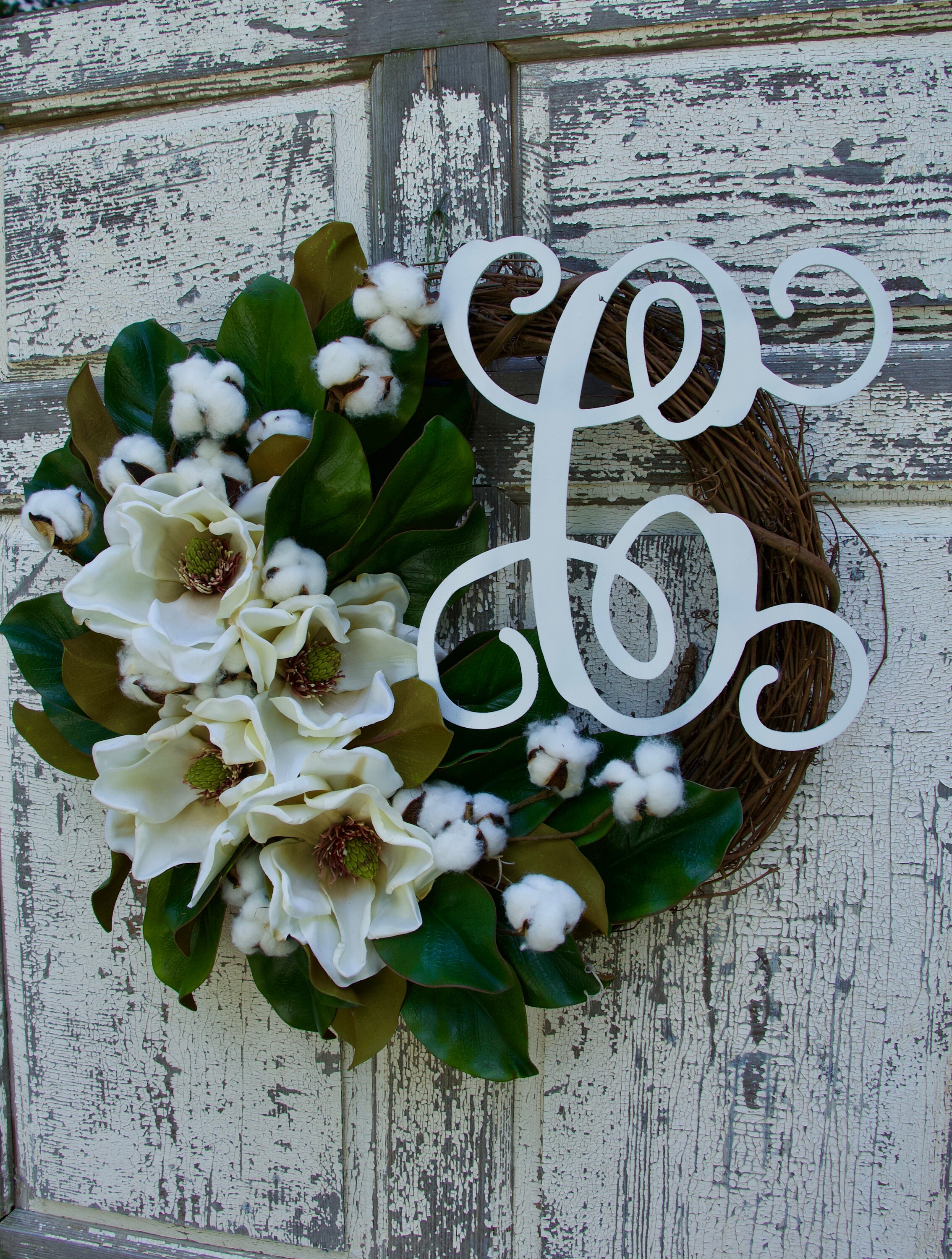 Artificial Magnolia Monogram Wreath Cotton Boll Wreath Vine Etsy