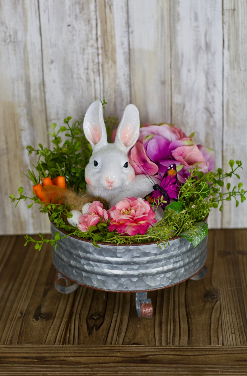 Easter Rabbit Centerpiece on Galvanized Pedestal Easter Decor Etsy