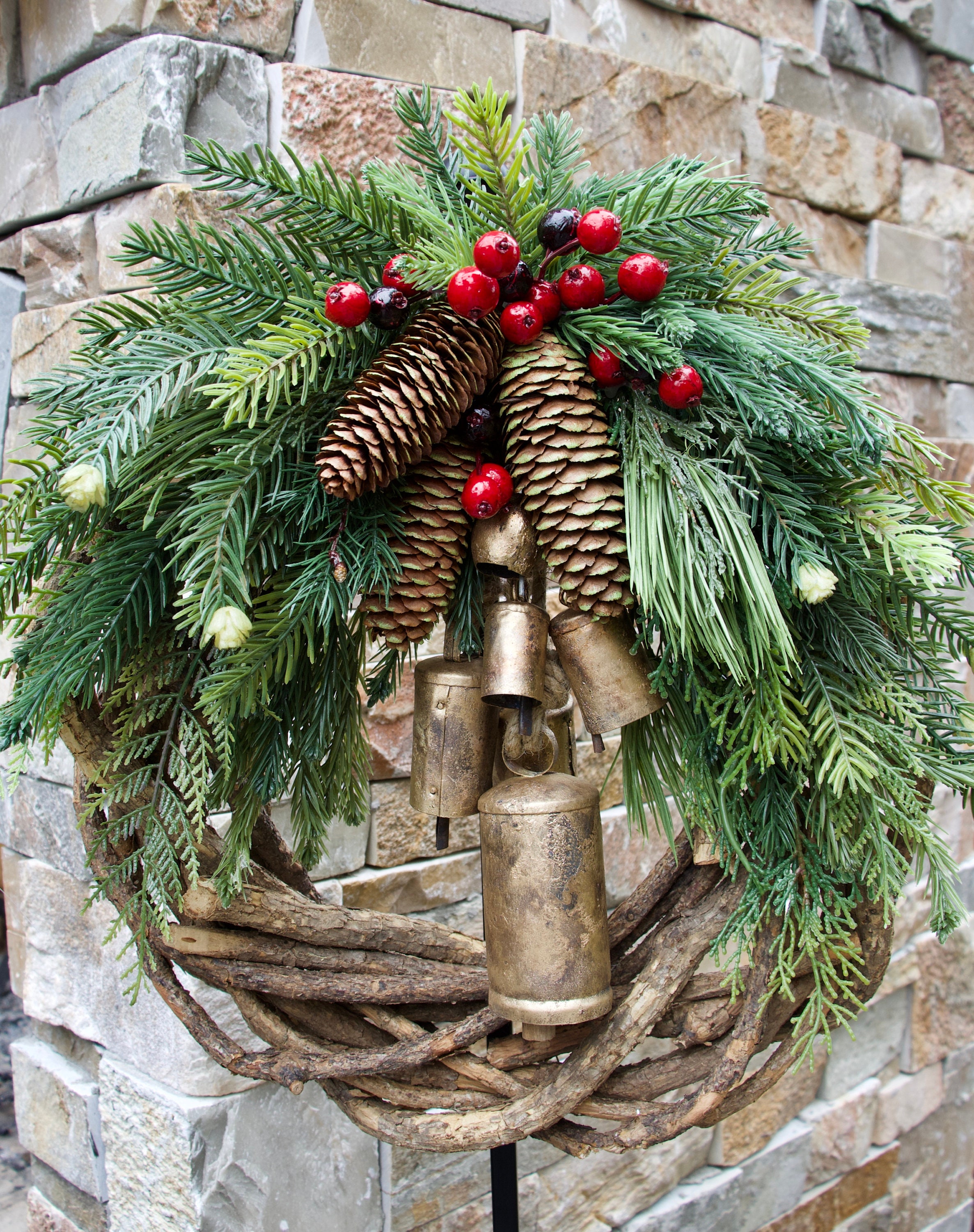Thick Vine Christmas Wreath with Bells Farmhouse Bell Wreath Etsy