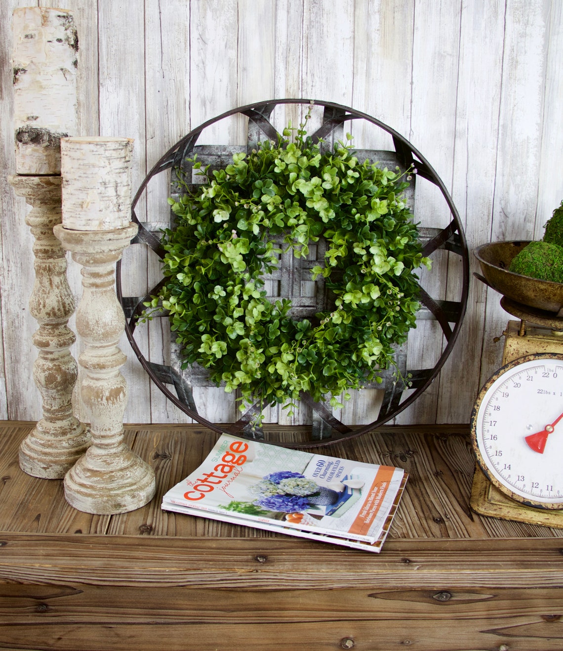 Round Metal Tobacco Basket with Boxwood Wreath Farmhouse Etsy