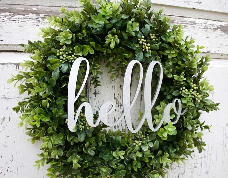 Artificial Boxwood Wreath Hello Wreath Year Round Wreath Front Door Wreath Summer Wreath Everyday Wreath Popular Wreath Fixer Upper